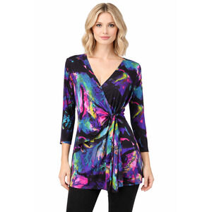 Clara Sun Woo Tunic Size Medium Neon Abstract Faux Wrap Travel Jersey Artsy